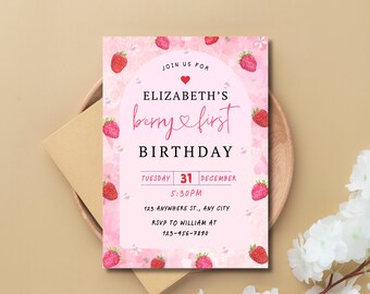 Berry First Birthday Invitation, Berry 1st Birthday Invitation, Bow Berry First Birthday Invite, Editable Canva