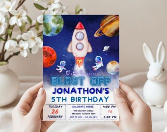 Space Birthday Party Invitation Galaxy Invite Space Birthday Invite Astronaut Outer Space Space Rocket Planets Boy Girl Party Canva Template