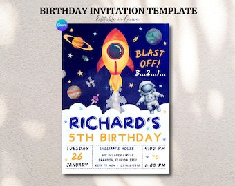 Space Birthday Party Invitation, Astronaut Outer Space Theme Invitation, Galaxy Invitation, Editable Space Birthday Invitation