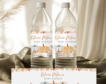 Editable Little Pumpkin Baby Shower Bottle Label Autumn Baby Shower Water Labels Fall Pumpkin Rustic Gender Neutral Printable Template