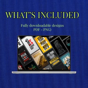 May include: A laptop displays motivational posters with phrases like "Today's Pain is Tomorrow's Power" and "Believe in Yourself." The text "What's Included" and "Fully downloadable designs PDF - PNG" are also visible.