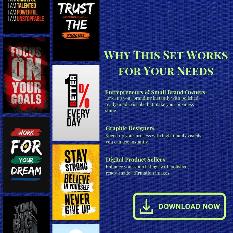 May include: A collection of motivational posters with phrases like "Trust the Process" and "Focus on Your Goals." The posters are in various colors and fonts, with a blue background. Text on the right side explains the set's benefits for entrepreneurs, designers, and digital sellers.