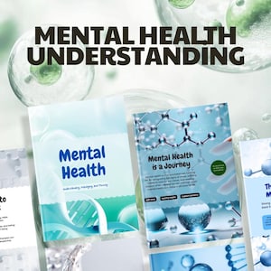 Könnte beinhalten: Mehrere Bücher mit dem Titel "Mental Health" werden gezeigt. Die Umschläge weisen blaue und weiße Designs mit Text und Grafiken zum Thema psychisches Wohlbefinden auf. Der obere Teil des Bildes enthält den Text "MENTAL HEALTH UNDERSTANDING".