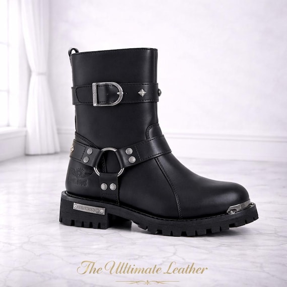 Women Leather Biker Boots, Straps & Ring on Ankle