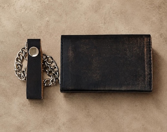 Distress Brown Leather Heavy Duty Biker Trifold Chain Wallet with Snaps