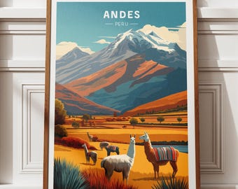 Andes Poster - Peru Wall Art - Altiplano Landscape Print - Vintage Travel Poster - Llama & Mountain Decor - Peru Travel Gift