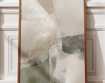 May include: A framed abstract art print featuring a muted color palette of beige, gray, and olive green. The artwork has a modern, minimalist style with organic shapes and lines. The wooden frame adds a touch of warmth to the piece.