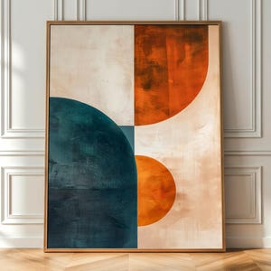 Art mural abstrait turquoise et orange brûlé, affiche géométrique Bauhaus, impression sur toile style moderne du milieu du siècle, décoration rétro en terre cuite bleu foncé