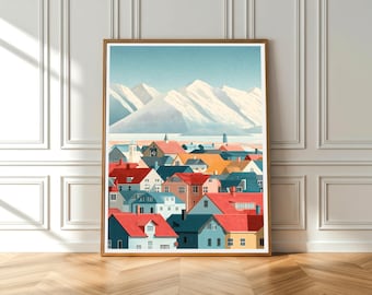Reykjavik Poster - Iceland Wall Art - Nordic Capital Print - Vintage Travel Poster - Colourful Cityscape Decor - Iceland Travel Gift