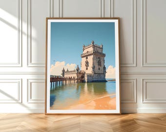 Belem Tower Poster - Portugal Wall Art - Lisbon Print - Vintage Travel Poster - Manueline Architecture Decor - Portugal Travel Gift