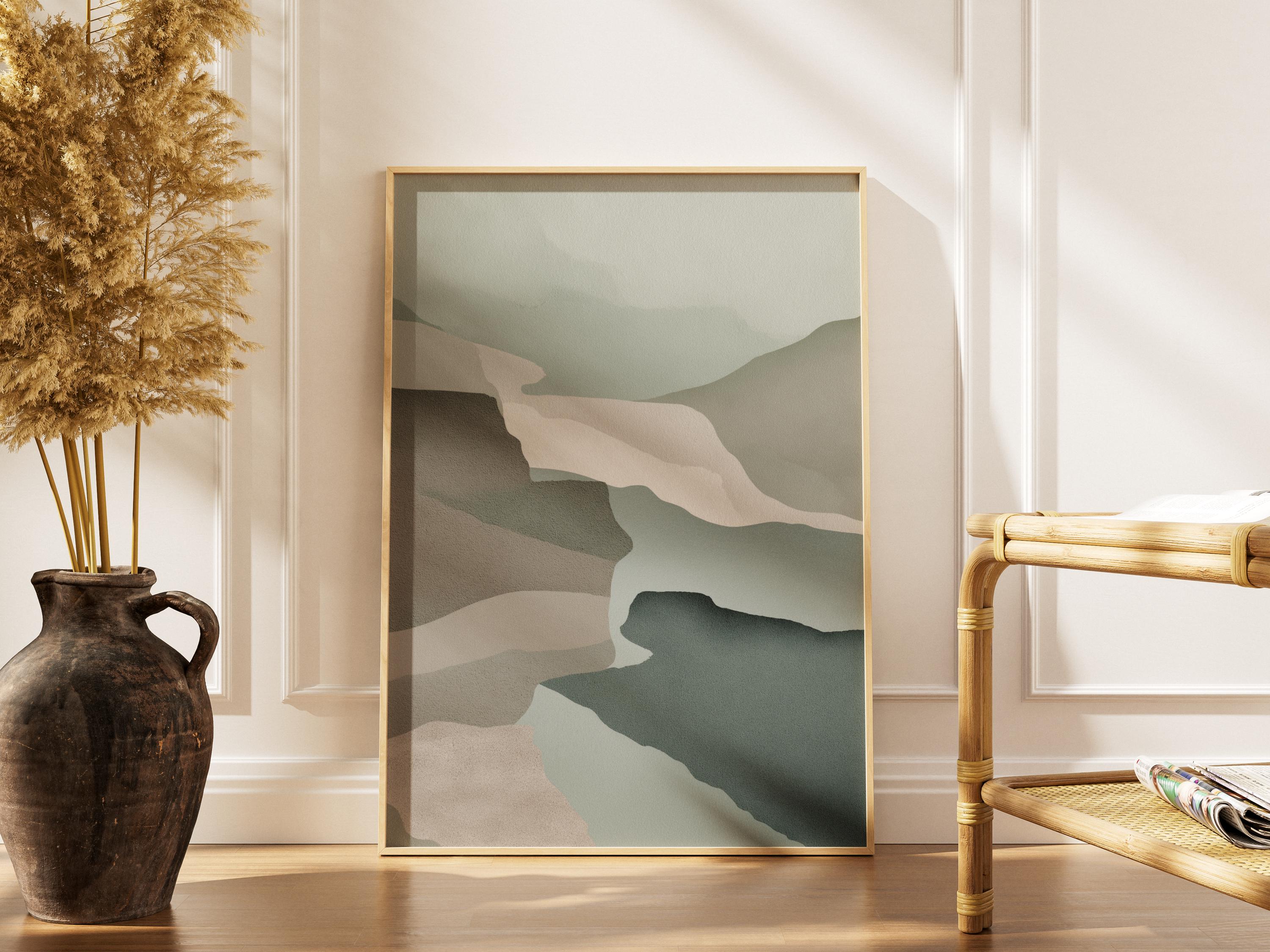 Sage Green Abstract Landscape Wall Art - Forest Green Valley Print ...