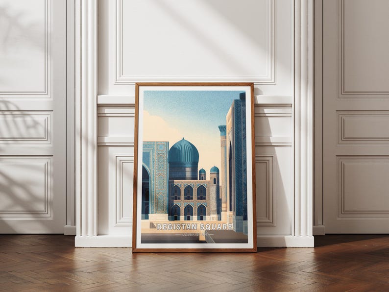 Registan Square Poster - Uzbekistan Wall Art - Samarkand Architecture Print - Vintage Travel Poster - Silk Road Decor - Uzbekistan Gift image 1