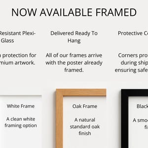 three different framed artworks, each with a unique frame color and finish, including a white frame, an oak frame, and a black frame.