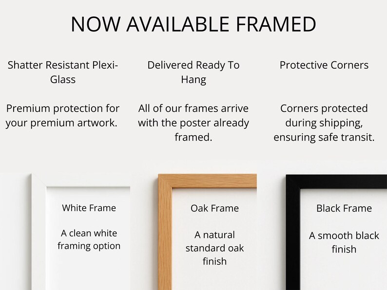 three different framed artworks, each with a unique frame color and finish, including a white frame, an oak frame, and a black frame.