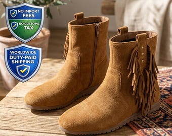 Women Cognac Brown Short Boots | Western Boho Suede Booties | Side Zip Cowgirl Ankle Boots