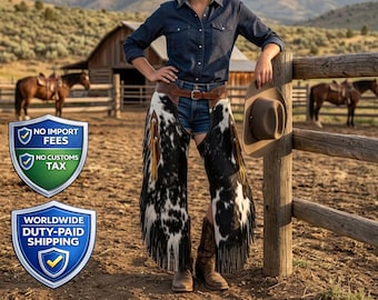Western Tooled Leather Fringe Chaps | Cowhide Hair Carved Rench-Work Riding Pants | Horse-Show Festival Outfit