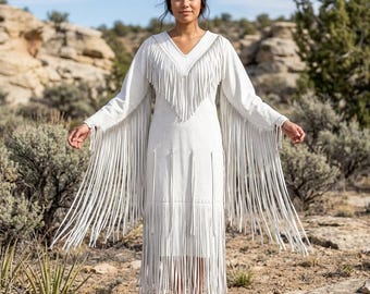 Women White Suede Fringe Dress | Southwestern Native-Inspired Festivals Maxi | Cowgirl Boho Festival Dance Outfit