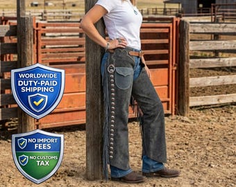 Handmade Grey Suede Fringe Chaps | Western Tooled Leather Shotgun Leggings | Cowboy Rodeo Festival Outfit
