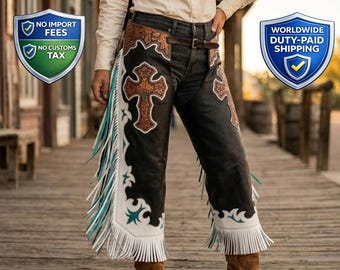 Carved Cross Inlay Fringe Chaps | Western Tooled Leather Rodeo Festival Outfit | Cowgirl Shotgun Pants
