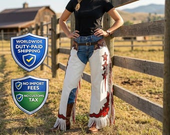 Western Tooled Leather Fringe Rodeo Chaps | Handmade Floral Carved Cowgirl Leggings | Horse-Show Festival Outfit