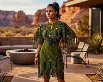 Western Olive Green Suede Fringe Maxi | Native-Style Beaded Tassel Mini-Dress | Cowgirl Dance Party Outfit