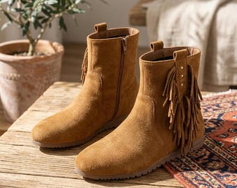 Women Cognac Brown Short Boots | Western Boho Suede Booties | Side Zip Cowgirl Ankle Boots