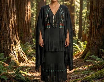 Native Women Fringe Powwow-Regalia Dress | Western Beaded Suede Tribal Lakota Gown | Cowgirl Festival Outfit
