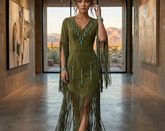 Western Olive Green Suede Fringe Dress | Native-Inspired Beaded Regalia Maxi | Women Boho Party Outfit