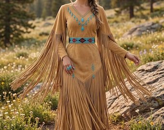 Native-Inspired Suede Fringes Wedding Dress | Western Beaded Native-Inspired Gown | Southwestern Cowgirl Festival Dance Outfit