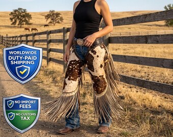 Handmade Cowprint Hair Leather Fringe Chaps | Western Cowhide Tooled Cowgirl Rodeo Festival Outfit
