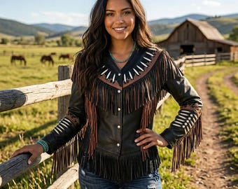 Women Black Leather Fringe Jacket | Western Cowgirl Coat | Native Handmade Southwestern Powwow Festival Outerwear