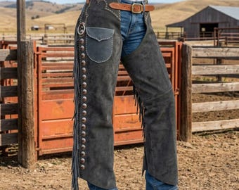 Handmade Grey Suede Fringe Chaps | Western Tooled Leather Shotgun Leggings | Cowboy Rodeo Festival Outfit