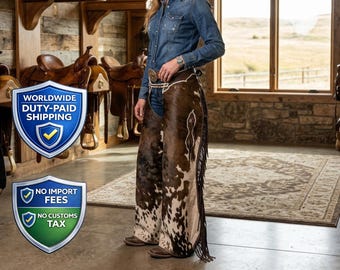 Handcrafted Cowhide Leather Fringe Chaps |Western Hair-on-Hide Rodeo Leggings | Cowprint Cowboy Horse-Show Riding pants
