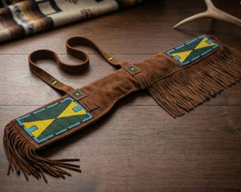 Handmade Suede Native-Inspired Western Fringe Rifle Cover | Beaded Leather Gun Holster | Cowboy Weapon Scabbard