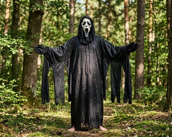 Inspired-by-Scream Sparkle Ghost Costume | Grim Reaper Hooded Robe, Horror Mask | Halloween Cosplay Scary Costume
