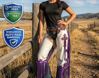 Cowgirl Western Tooled Leather Fringe Chaps | Carved Cross Shotgun Pants | Cowboy Rodeo Festival Outfit