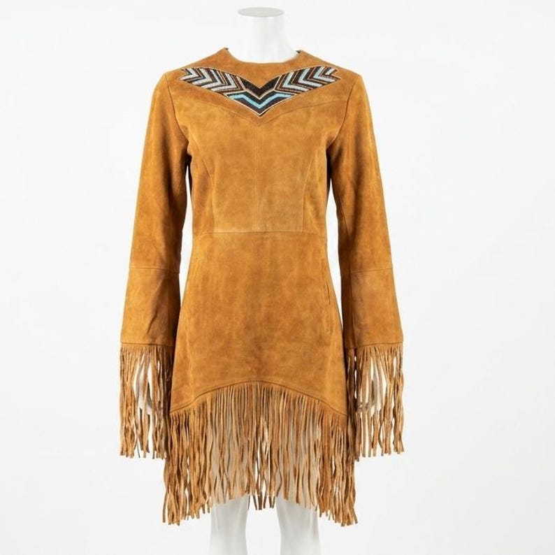Tribal-Inspired Suede Fringe Dress | Beaded Maxi Concerts & Festivals | Western Native Boho Dance Outfit image 5