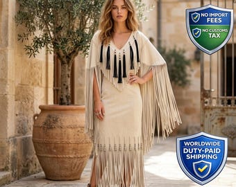 Western Beaded Tassel Boho Maxi | Cowgirl Suede Fringe Wedding Dress | Native-American Tribal Regalia Outfit