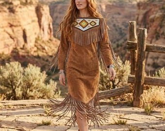 Handmade Suede Beaded Wedding Dress | Western Fringe Powwow-Regalia Maxi | Cowgirl Native Tribal-Inspired Festival Outfit