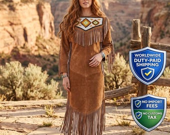 Handmade Suede Beaded Wedding Dress | Western Fringe Powwow-Regalia Maxi | Cowgirl Native Tribal-Inspired Festival Outfit