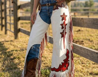 Western Tooled Leather Fringe Rodeo Chaps | Handmade Floral Carved Cowgirl Leggings | Horse-Show Festival Outfit