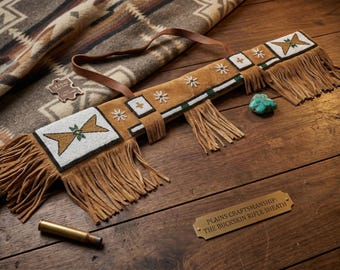 Western Beaded Gun Sheath Cover | Native-Inspired Cowboy Weapon Sleeves | Sioux Suede Fringe Rifle Scabbard