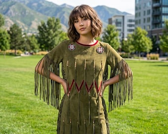 Western Women’s Beaded Maxi Dress | Olive Green Cowgirl Fringe Midi | Tribal Native-Inspired Regalia Outfit