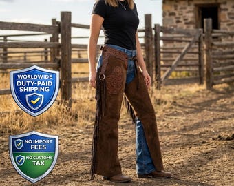 Handmade Tooled Leather Fringe Chaps | Floral Carved Suede Farm Rench-work Pants | Horse-Show Festival Outfit