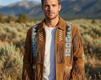 Western Suede Fringe Jacket | Native American Beaded Coat | Vintage Southwestern Cowboy Boho Festival Outerwear