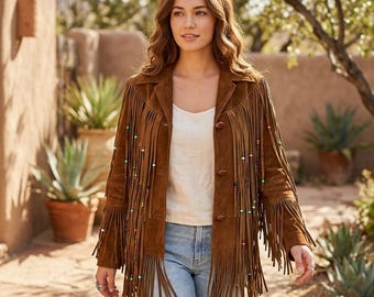Brown Suede Fringe Jacket | Beaded Tassel Western Cowgirl Coat | Native 70s Boho Festival Blazer