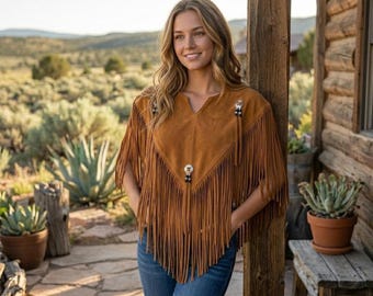 Women Mustard Suede Fringe Top | Western Concho Tassel Poncho | Cowgirl Boho Festival Capelet Outfit