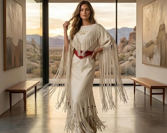 Western Beaded Fringe Suede Maxi | Cowgirl Fringe Cultural Wedding Dress | Native-American Tribal Regalia Outfit