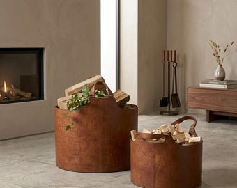 Handmade Leather Wood Storage Basket | Firewood Indoor Log Holder Bin |Fireplace Carrier Organizer Bucket