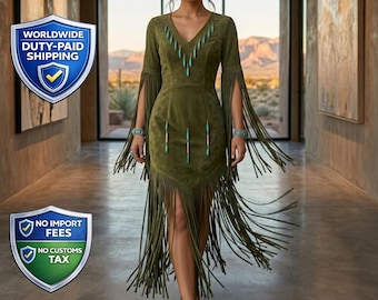 Western Olive Green Suede Fringe Dress | Native-Inspired Beaded Regalia Maxi | Women Boho Party Outfit
